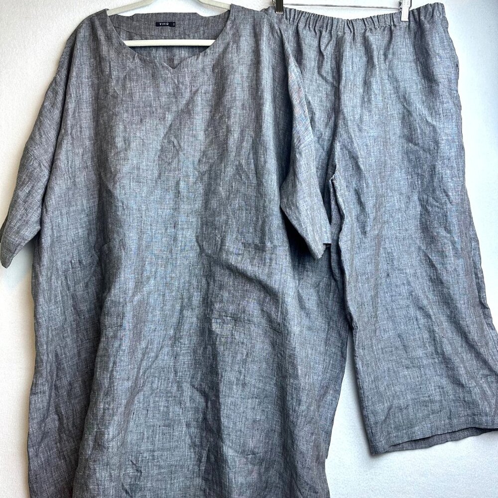 Vivid 100% Linen 2PCS Set Gray Tunic Wide Leg Womens 2X Coastal Lagenlook Boho